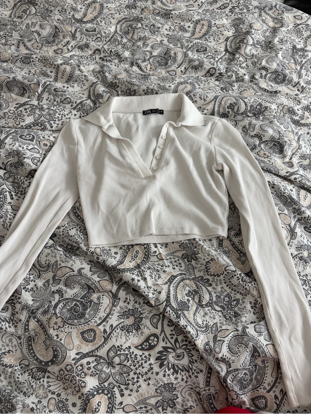 Zara White Ribbed Long-Sleeve Polo Crop Top